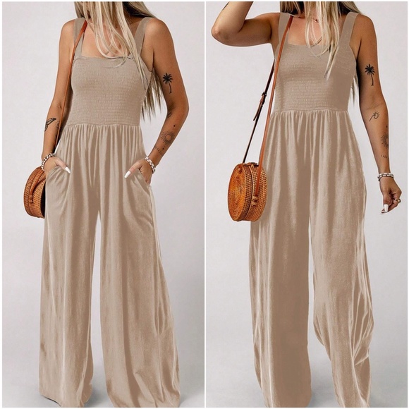 Boho Smocked Bodice Wide Leg Cami Jumpsuit - Picture 2 of 9